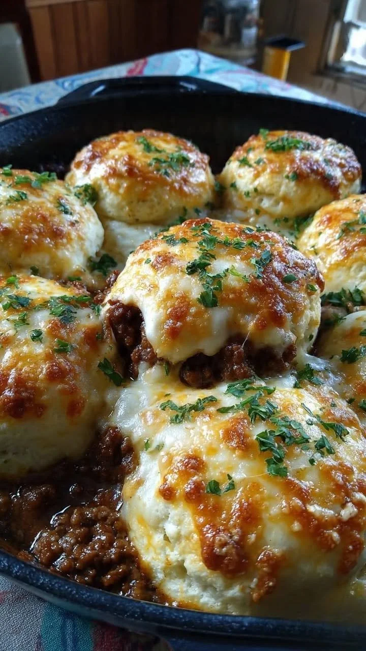 Cheddar Bay Ground Beef Cobbler served in a rustic dish with herbs.