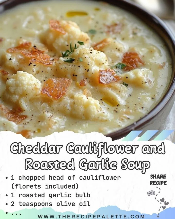 Bowl of Cheddar Cauliflower and Roasted Garlic Soup topped with herbs