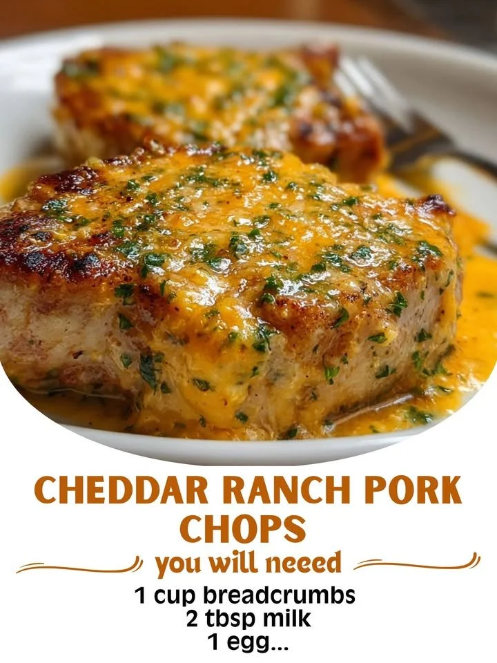 Cheddar Ranch Pork Chops garnished with herbs on a plate