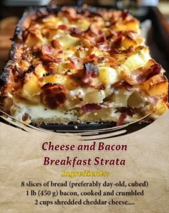 Delicious cheese and bacon breakfast strata baked to perfection