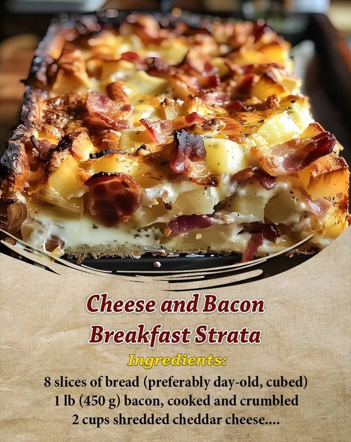 Delicious cheese and bacon breakfast strata baked to perfection