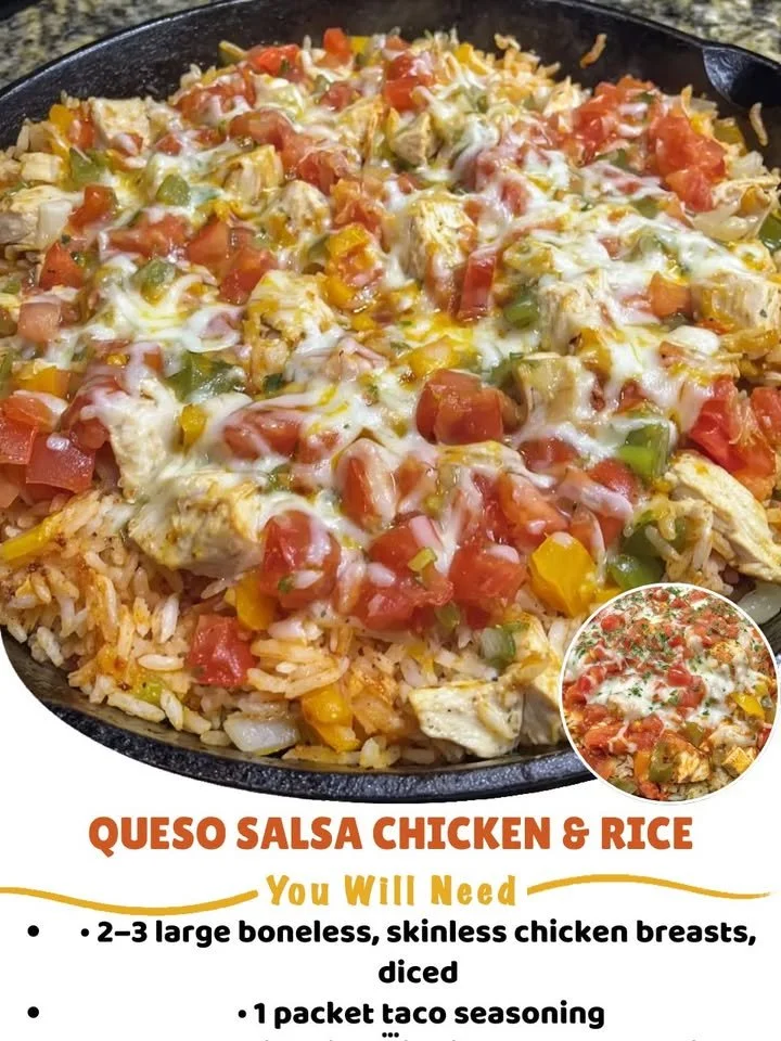 Delicious Cheese Salsa Chicken served over rice with vibrant toppings
