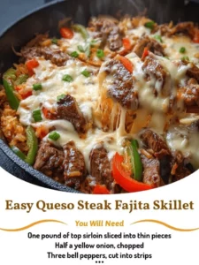 Delicious cheese steak fajita skillet with beef, bell peppers, and melted cheese