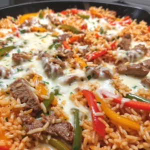 Delicious Cheese Steak Fajita Skillet served with peppers and onions