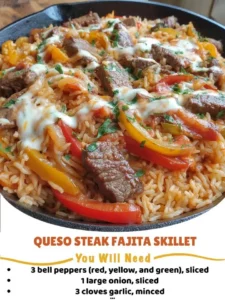 Cheese steak fajita skillet with peppers and onions served on a plate