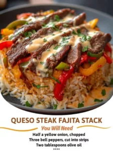 Delicious Cheese Steak Fajita Stack with grilled steak and colorful vegetables