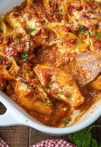 Delicious cheese stuffed shells topped with marinara sauce and herbs