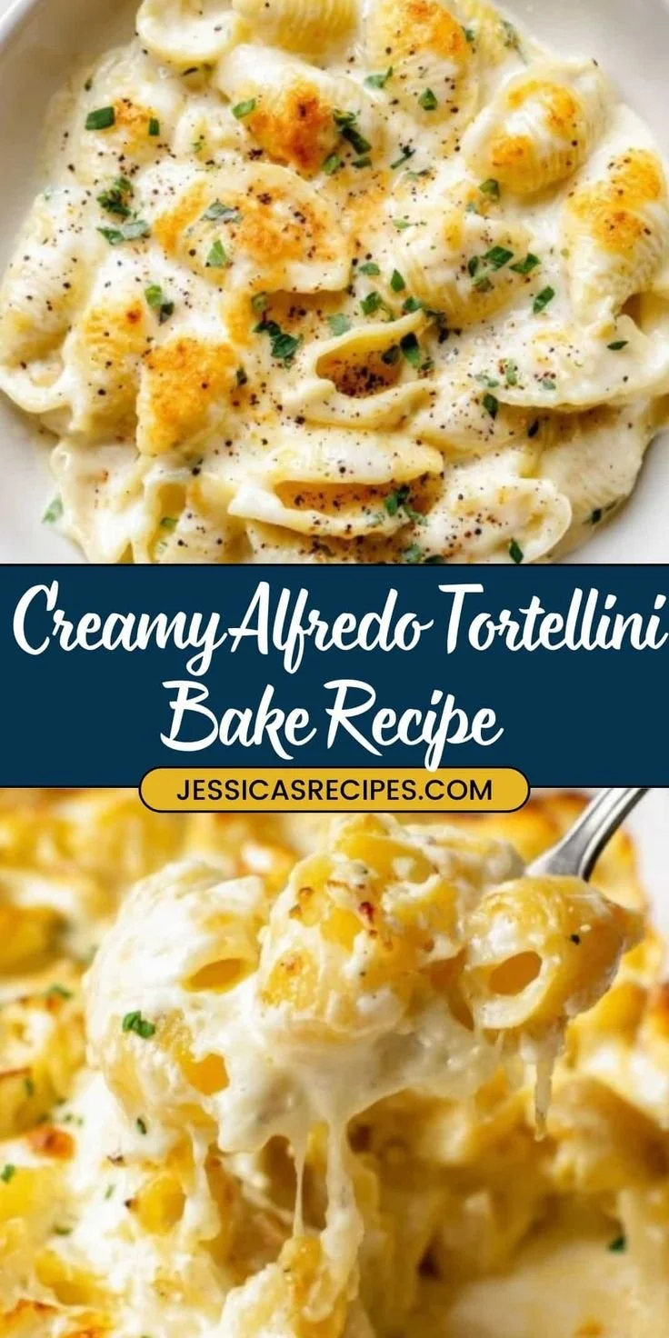 Creamy Cheese Tortellini Alfredo Bake ready to serve