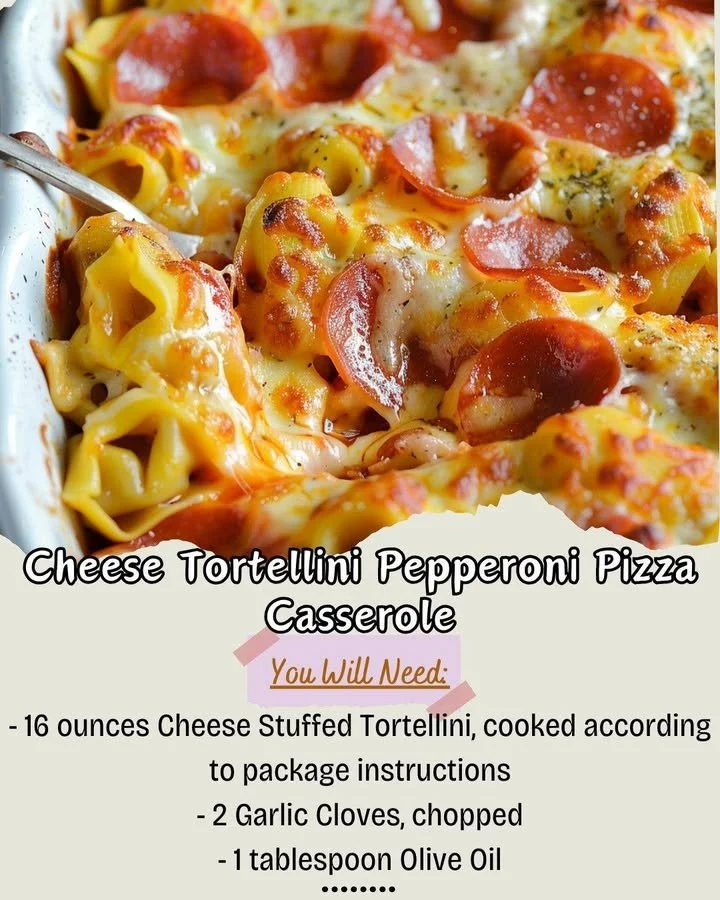 Cheese Tortellini Pepperoni Pizza Casserole on a serving plate
