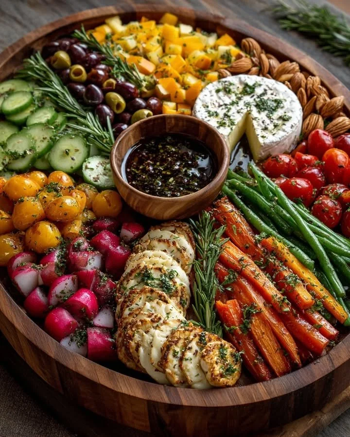 Cheese and veggie holiday platter with herb oil drizzle, perfect for festive occasions
