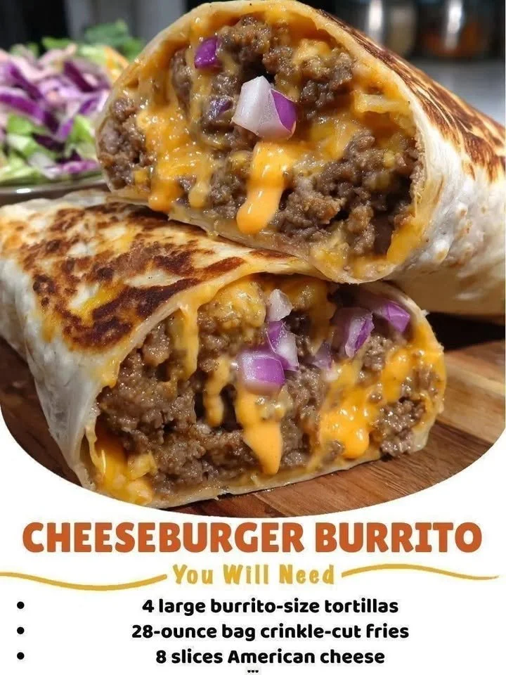 Cheeseburger burrito with animal style toppings, showcasing cheesy goodness and beef.
