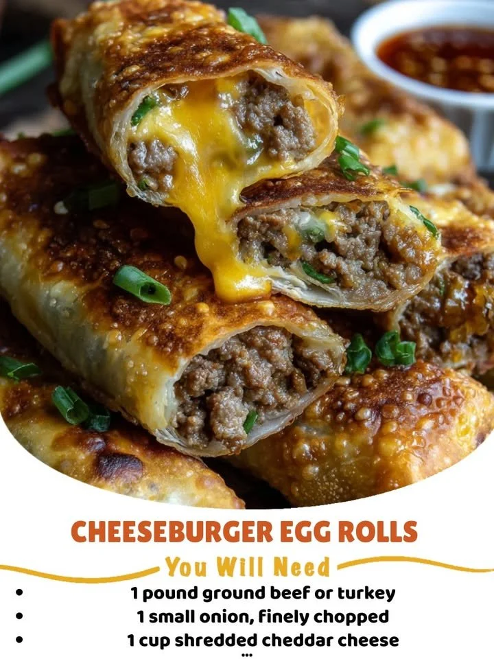 Delicious cheeseburger egg rolls served with dipping sauce on a plate.