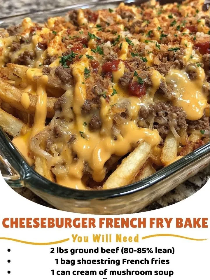 Cheeseburger French Fry Bake topped with melted cheese and crispy fries