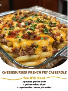 Cheeseburger Casserole garnished with French fries, perfect for a hearty meal.
