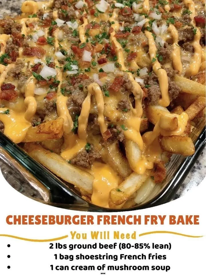 Delicious Cheeseburger Casserole topped with crispy French fries