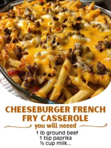 Delicious Cheeseburger Casserole topped with crispy French fries.