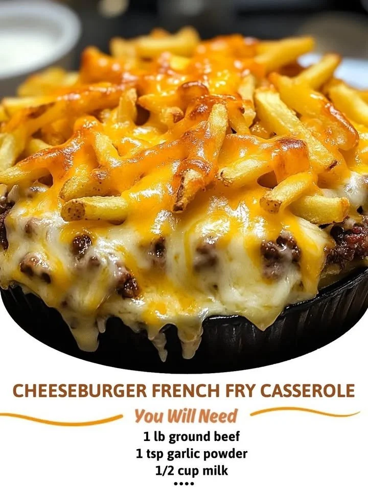 Delicious Cheeseburger French Fry Casserole topped with melted cheese and fresh ingredients.