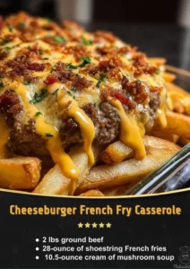 Cheeseburger Casserole topped with golden French fries for a tasty meal
