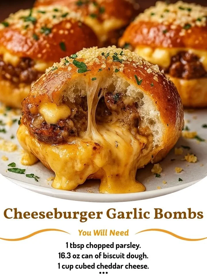 Cheeseburger Garlic Bombs with melted cheese and garlic on a plate