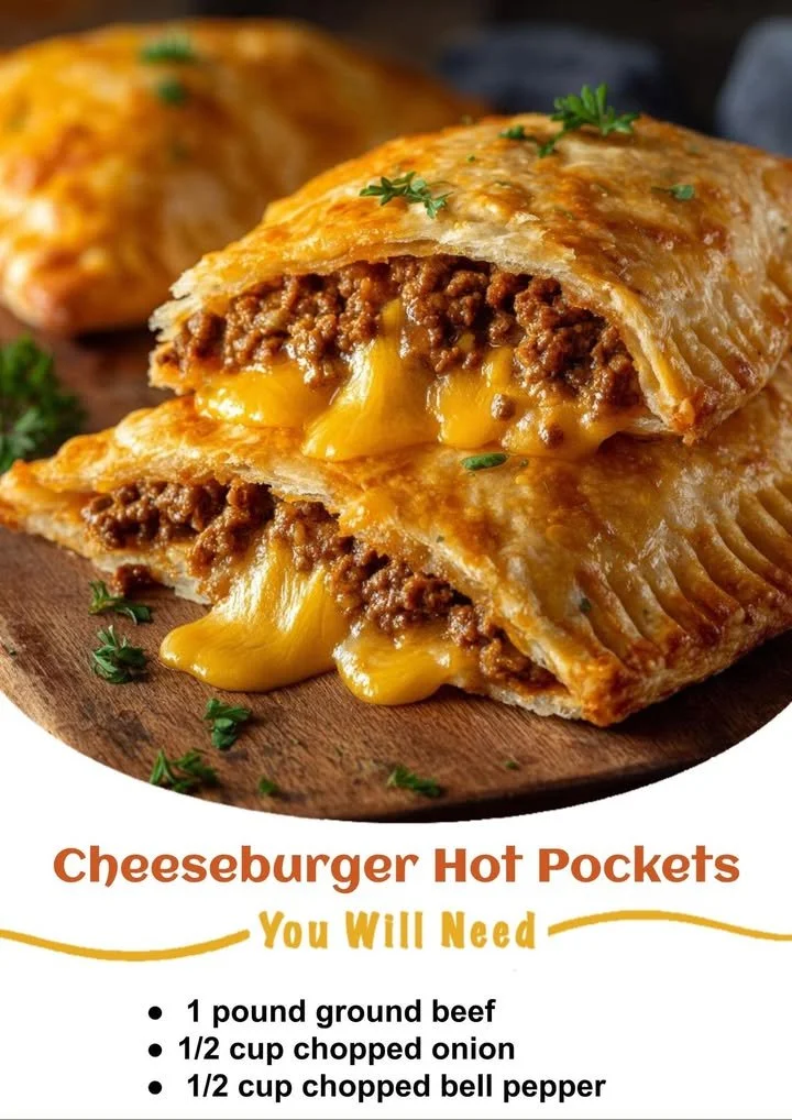 Cheeseburger Hot Pockets ready to eat, featuring savory fillings in a golden crust.