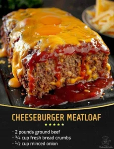 Delicious cheeseburger meatloaf served on a plate with garnish