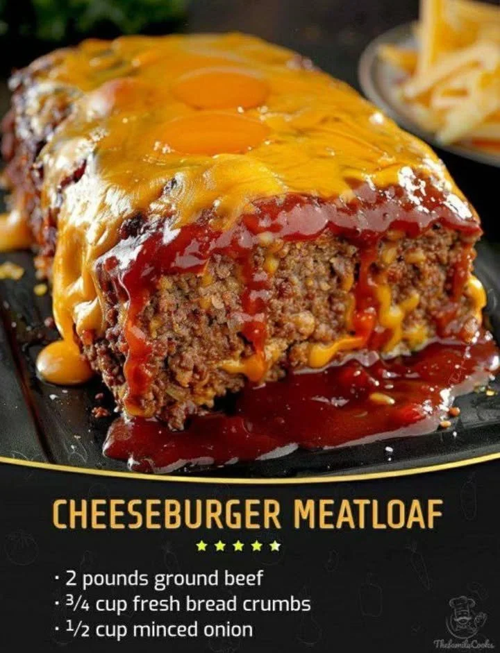 Delicious cheeseburger meatloaf served on a plate with garnish