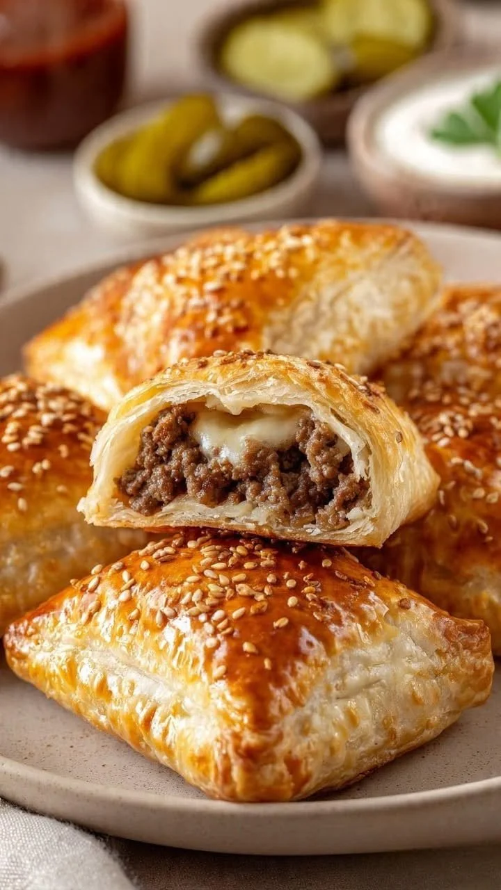 Cheeseburger pockets made with puff pastry, filled with beef and cheese.