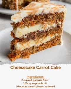 Slice of delicious Cheesecake Carrot Cake showcasing layers of carrot and cream cheese frosting