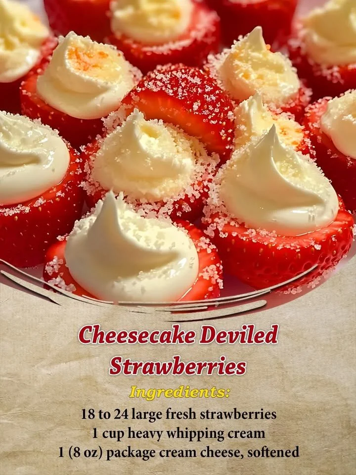 Delicious Cheesecake Deviled Strawberries topped with creamy cheesecake filling.