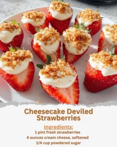 Cheesecake Deviled Strawberries served on a platter, garnished with mint