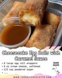 Delicious cheesecake egg rolls with caramel sauce on a plate