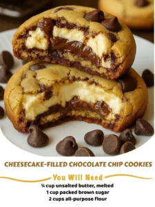 Cheesecake-filled chocolate chip cookies on a cooling rack.