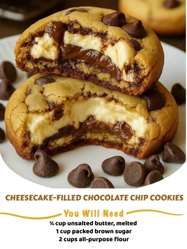 Cheesecake-filled chocolate chip cookies on a cooling rack.