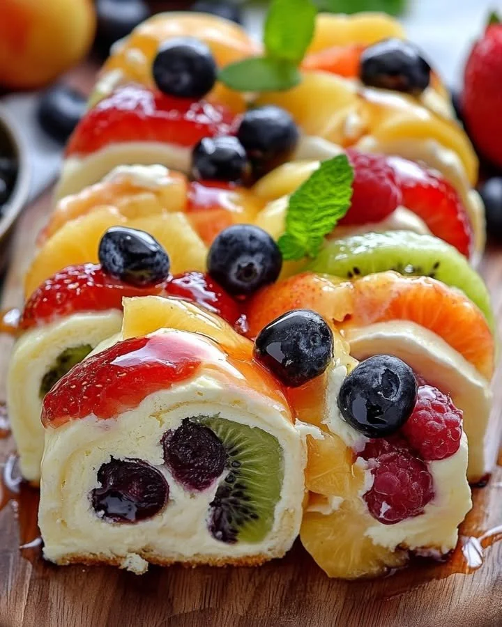Cheesecake fruit salad roll-ups served on a plate with fresh berries.