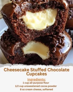Cheesecake stuffed chocolate cupcakes topped with creamy frosting.