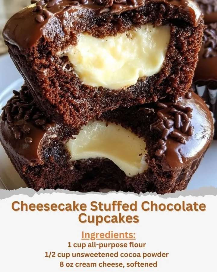 Cheesecake stuffed chocolate cupcakes topped with creamy frosting.