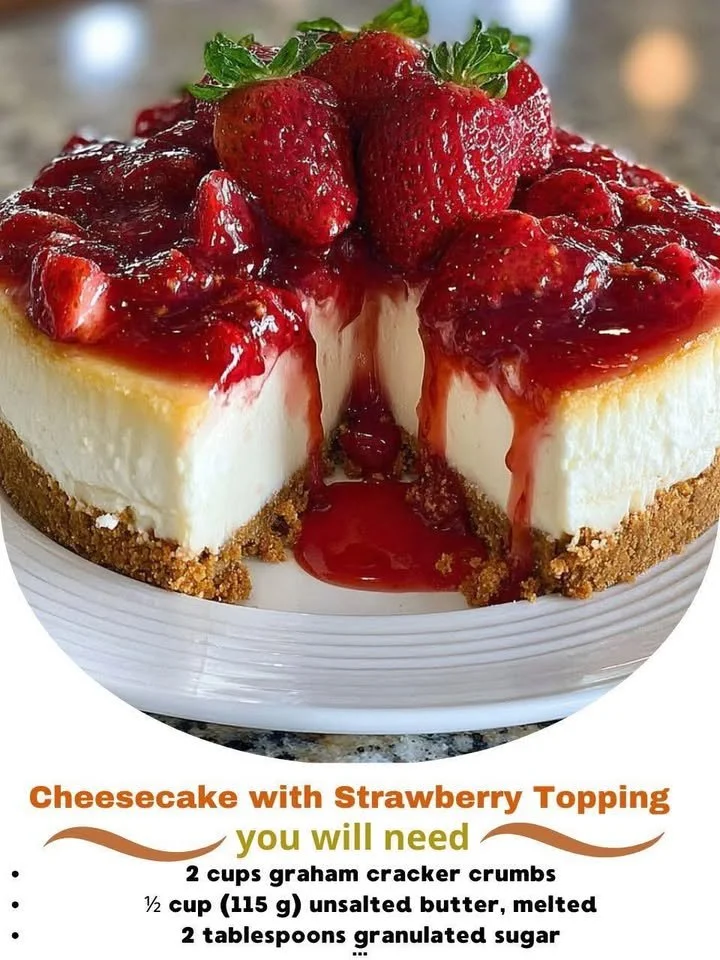 Delicious cheesecake topped with fresh strawberries on a white plate