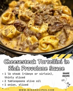 Plated Cheesesteak Tortellini in Rich Provolone Sauce, garnished with herbs