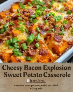 Cheesy Bacon Explosion Sweet Potato Casserole with crispy bacon and cheese