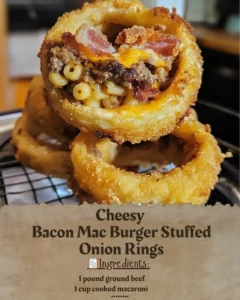 Cheesy Bacon Mac Burger served with stuffed onion rings