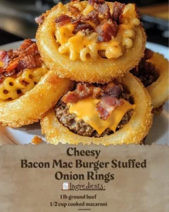Cheesy Bacon Mac Burger served with stuffed onion rings