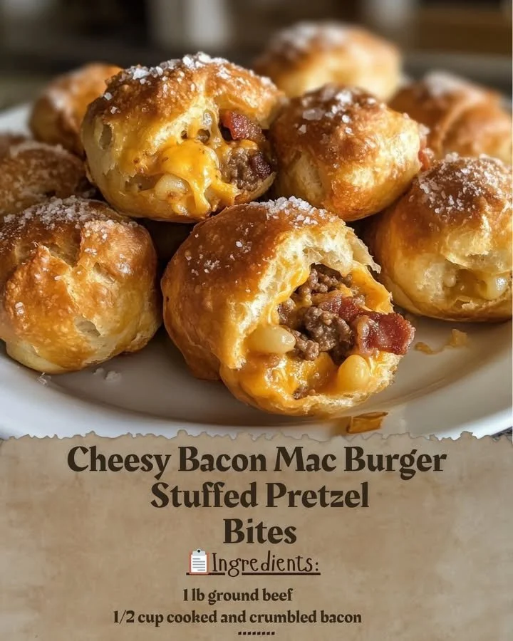 Cheesy Bacon Mac Burger Stuffed Pretzel Bites on a plate garnished with herbs.