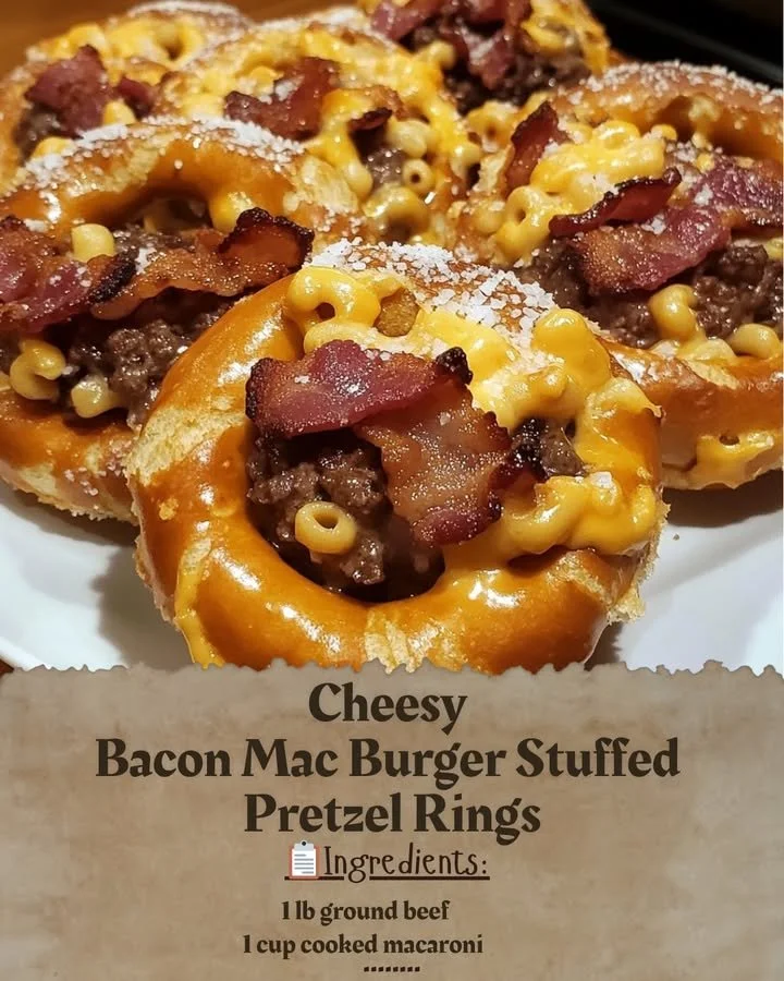 Cheesy bacon mac burger stuffed pretzel rings served on a plate