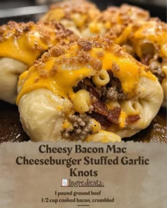 Cheesy bacon mac cheeseburger stuffed garlic knots on a plate