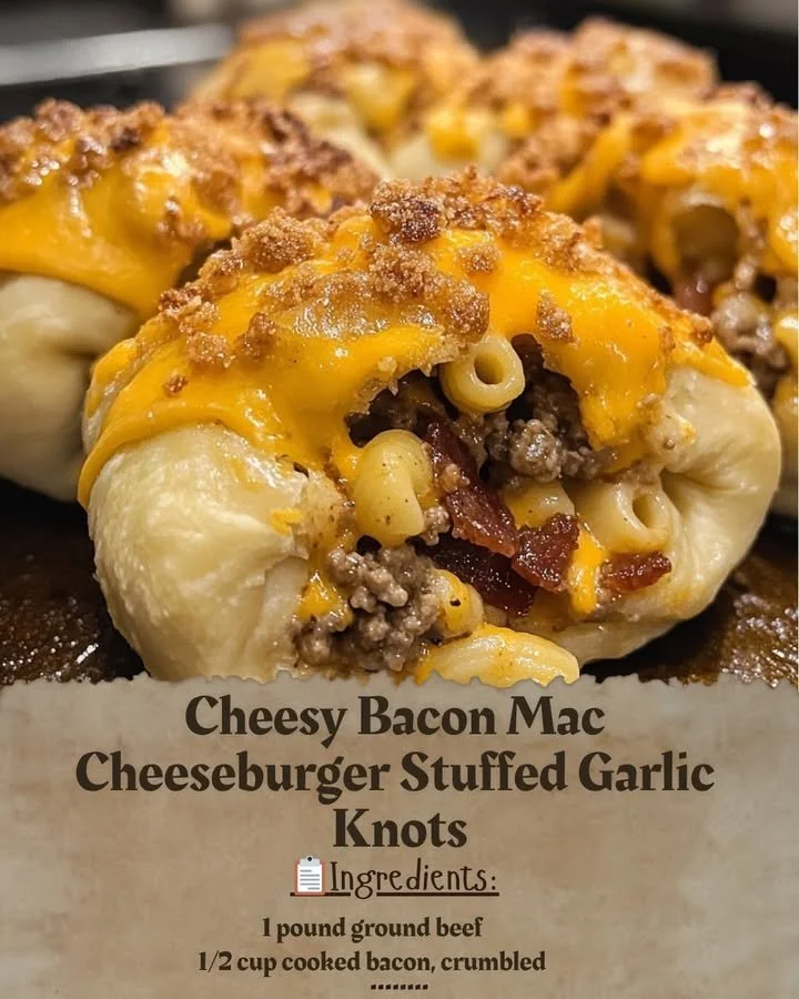 Cheesy bacon mac cheeseburger stuffed garlic knots on a plate