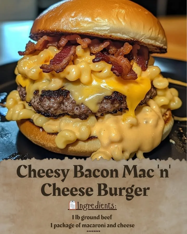 Cheesy Bacon Mac 'n' Cheese Burger with golden bacon and creamy cheese sauce