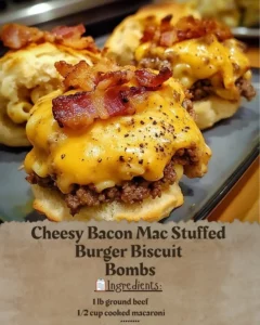 Cheesy bacon mac burger stuffed biscuit bombs ready to serve delicious flavors.