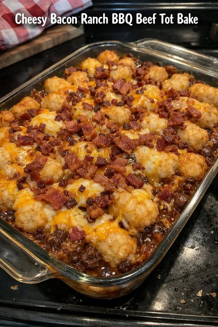Cheesy Bacon Ranch BBQ Beef Tot Bake with golden tater tots and melted cheese