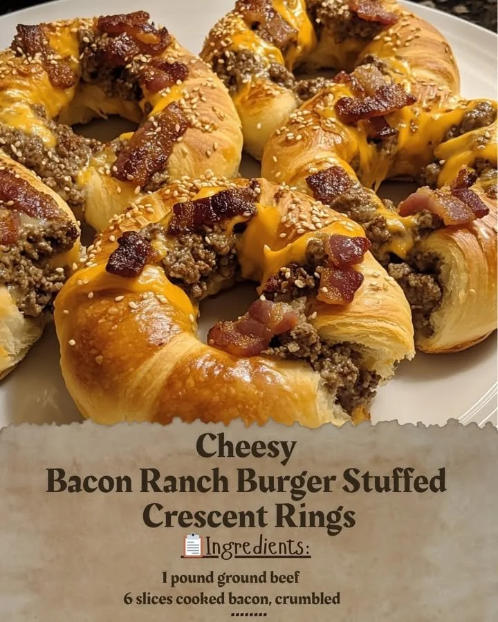 Cheesy bacon ranch burger stuffed in crescent rings, golden and delicious.
