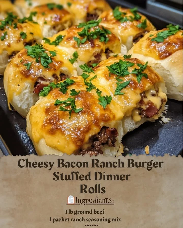 Cheesy bacon ranch burger stuffed dinner rolls served on a plate.